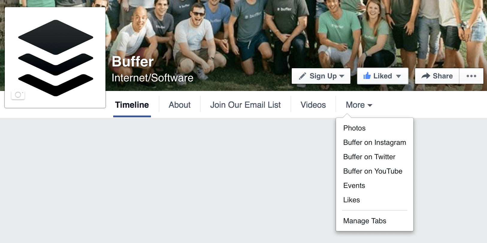 Facebook page menu options